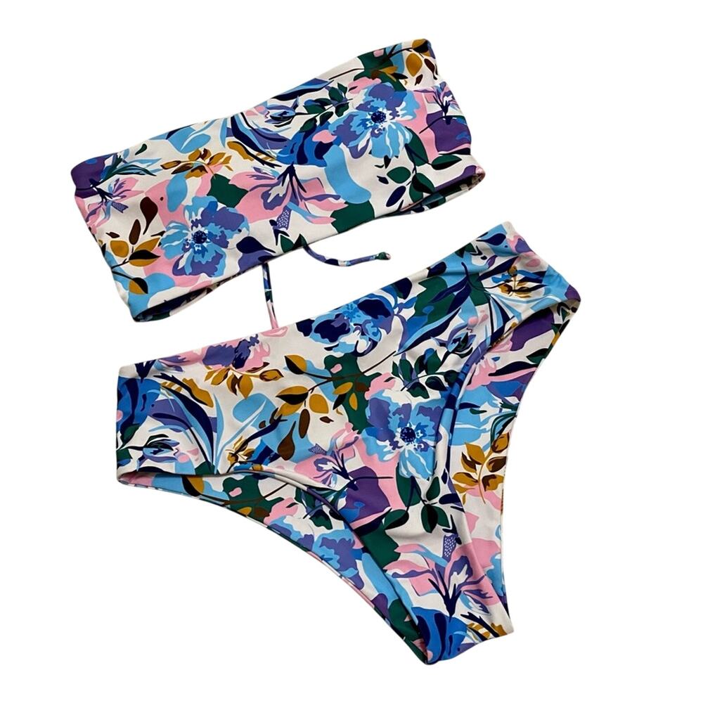 SHEIN Swim Floral Adjustable Strap High Waisted Bandeau Beach Bikini Set